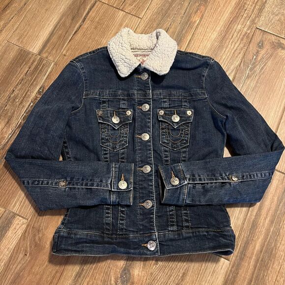 True Religion Womens Sherpa Lined Blue Denim Trucker Jacket XS EUC - Picture 13 of 13